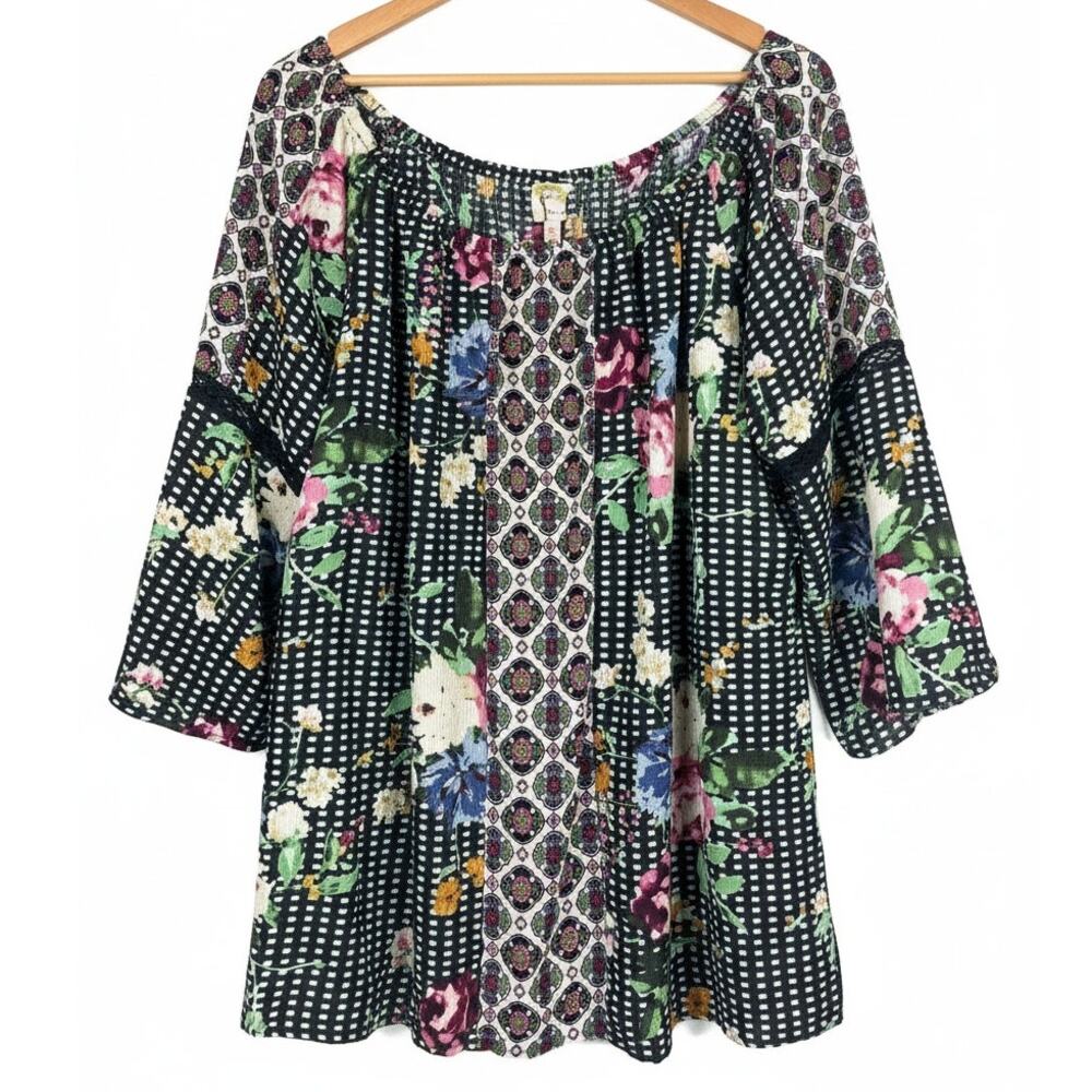 Fig and Flower Womens 2X Boho Eclectic Bloomcore Floral Mixed Print Peasant Top